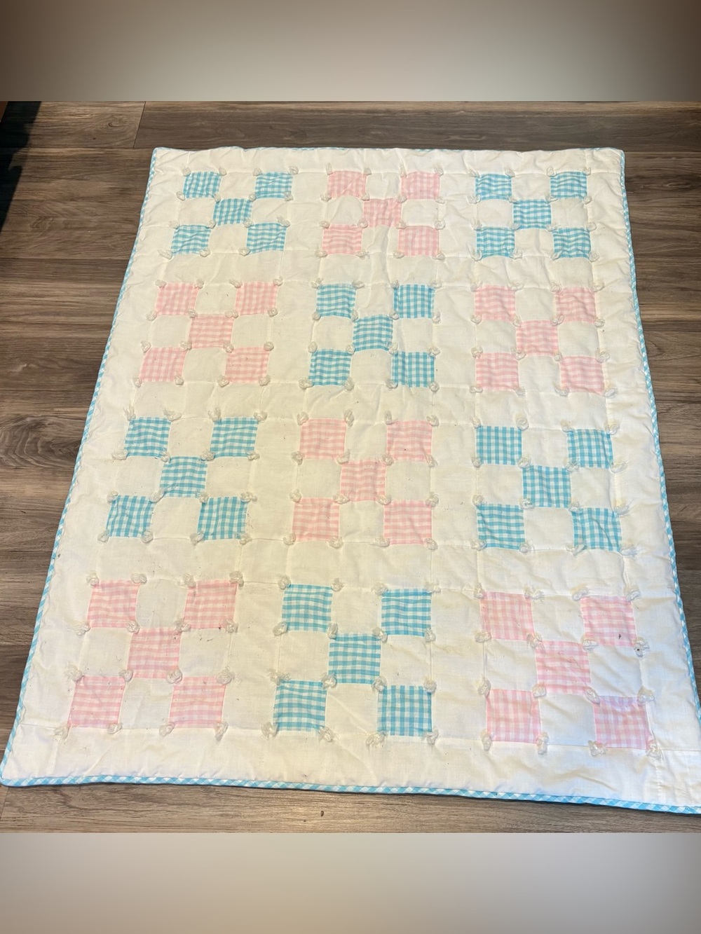 Cream Quilt with Pink and Blue Gingham Blocks